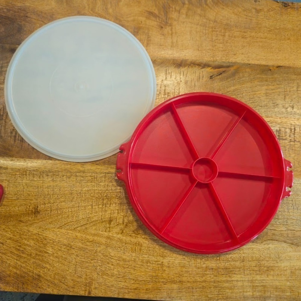 Vintage Tupperware Red Divided Serving Tray Candy Veggie Fruit Meat Cheese w Lid